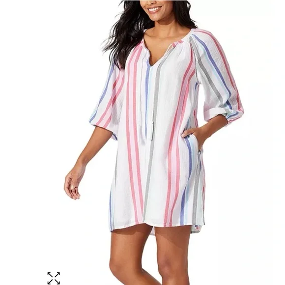 TOMMY BAHAMA Multi Stripe Dobby Tunic Swim Coverup Size Medium - Picture 13 of 13